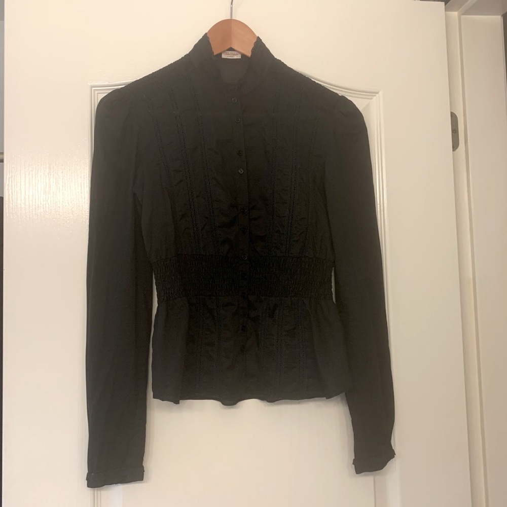 Talula Babaton Black Smocked Botton Up Blouse